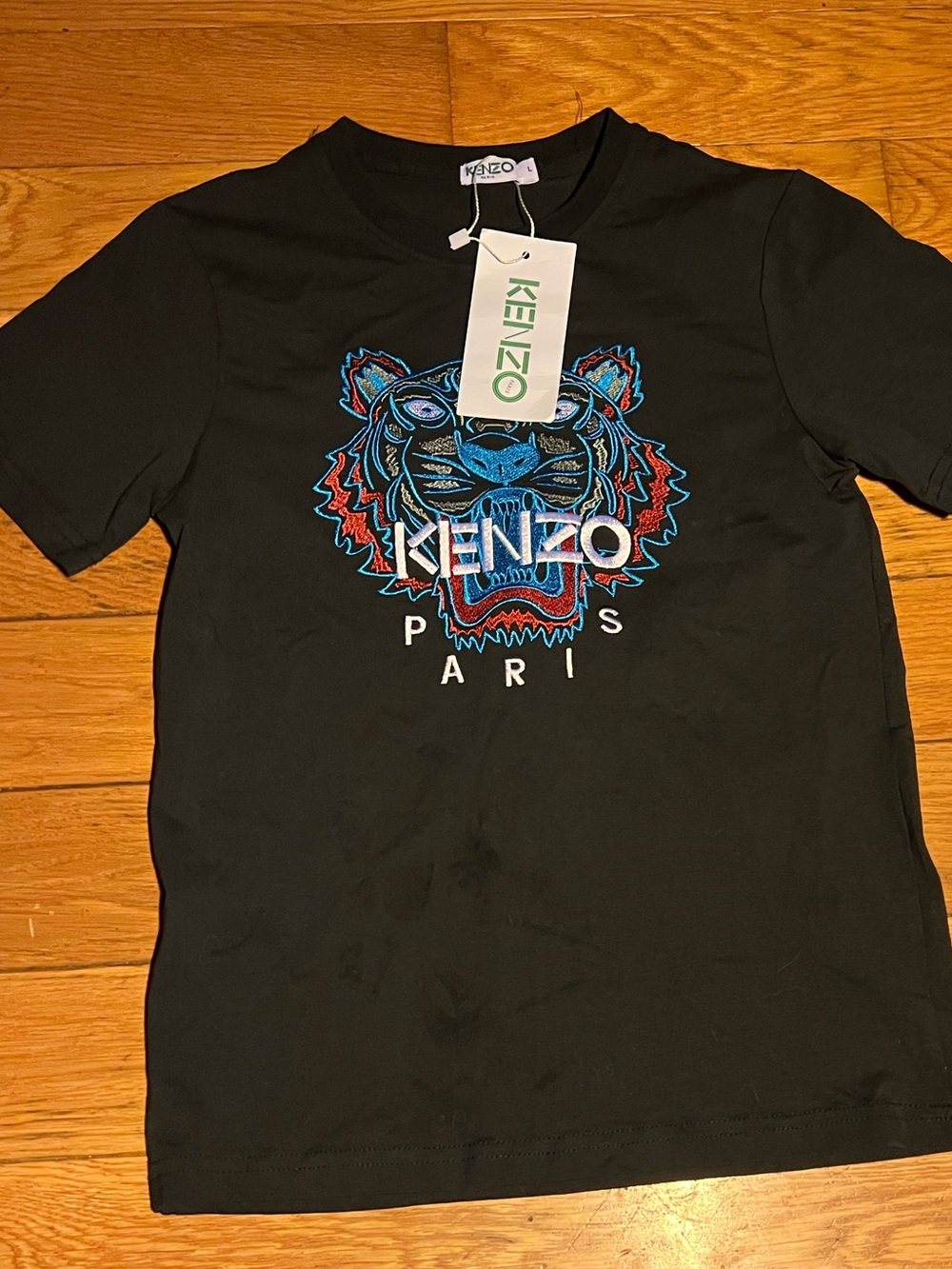 Kenzo Black Tee with Multicolor Embroidered Tiger